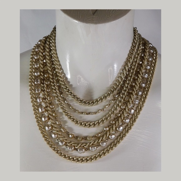 Vintage 70s Seven Chain and Faux Pearl Choker Necklace - Picture 5 of 6